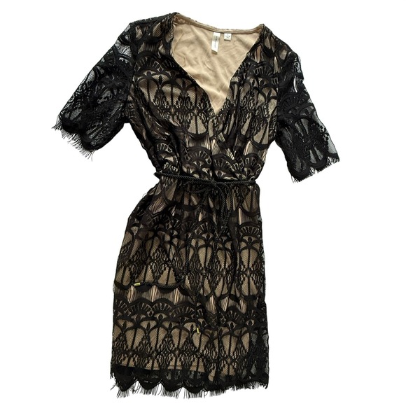 Tacera Black Lace Dress Womens Large Nude Lined Cocktail Party Belted - Picture 2 of 10